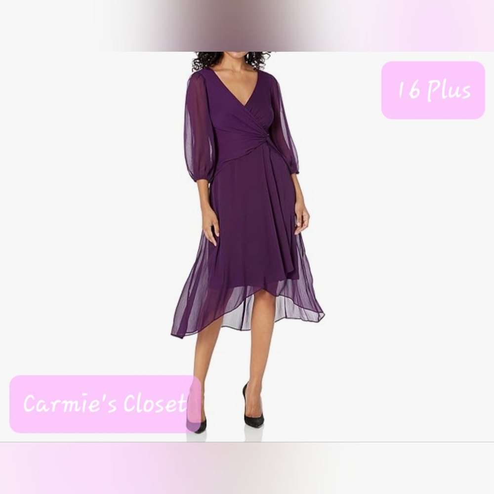 🔥NWT🔥OBO🔥 🔵 DKNY Women's Chiffon 3/4 Sleeve Faux Wrap Dress Size 16